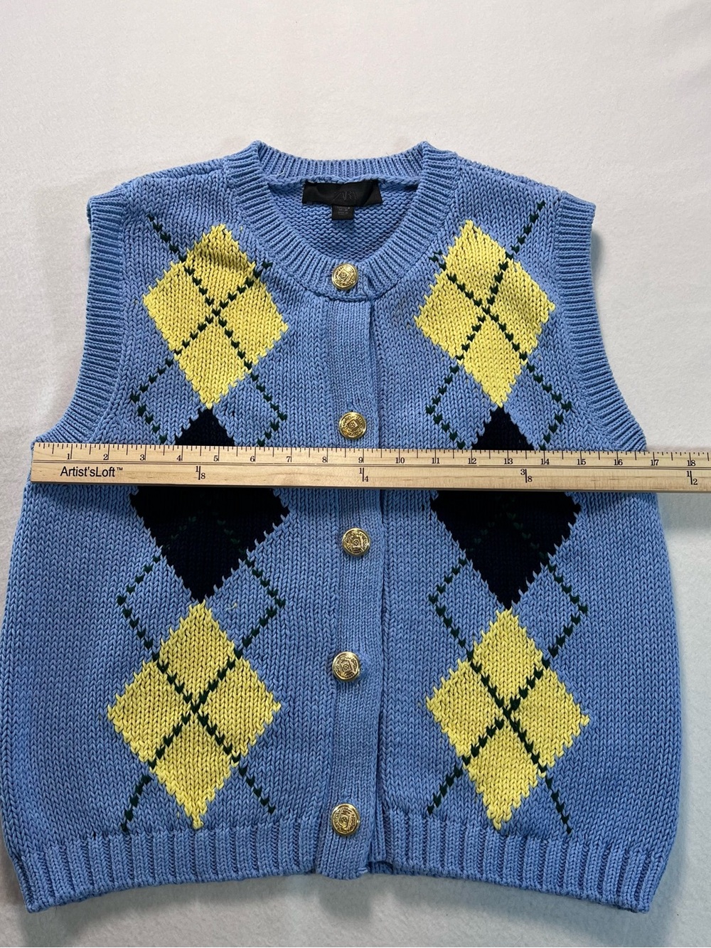 Zara Light Blue and Yellow Argyle Knit Vest with Gold Buttons - Picture 5 of 7